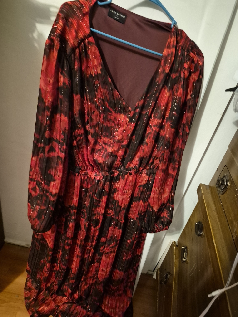 Lane Bryant Red Floral V-Neck Long Sleeve Dress
